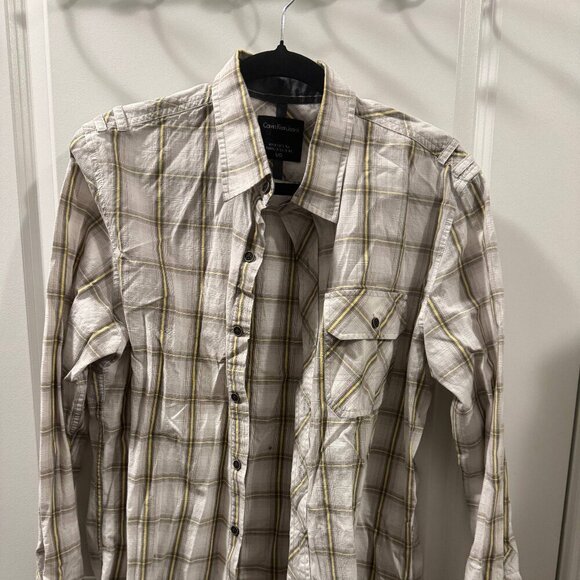Calvin Klein Jeans Shirt Mens Size Large White Check Collared Button Down - Picture 2 of 5